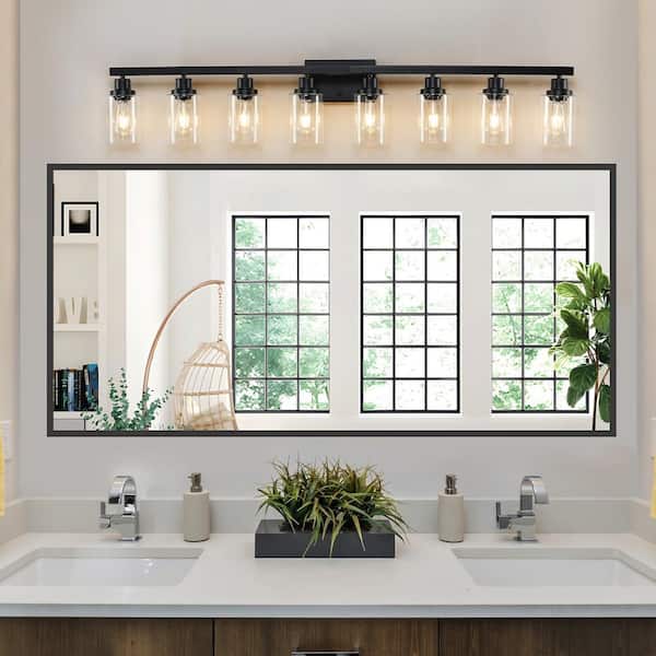 51 in. W 8-Lights Vanity Lighting Wall Sconce Black Brushed with Clear Glass Shades, E26, No Bulbs Included