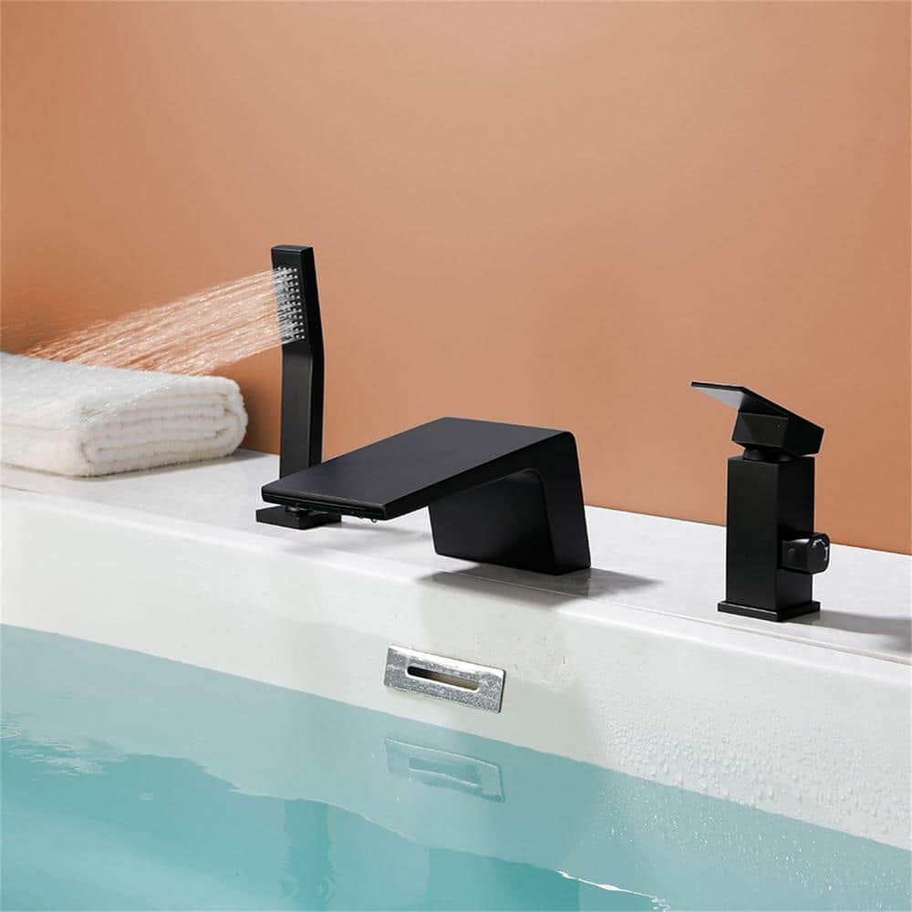 Matte Black Brass Waterfall Tub Faucet with Hand Shower
