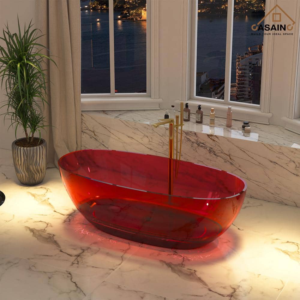 67'' Wine Red Transparent Resin Freestanding Soaking Bathtub