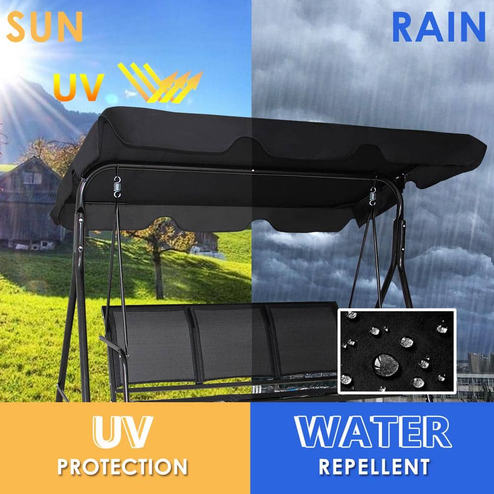 Black Powder Coated Steel 3-Person Outdoor Patio Swing with Adjustable Canopy