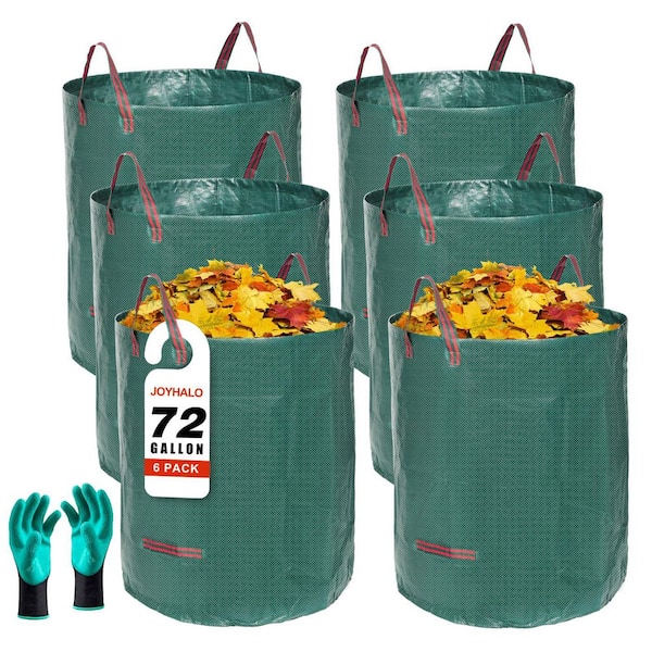 6-Pack 72 Gal. Reusable Yard Waste Bags, Leaf Collecting Tool Bags with 4-Handles and Gardening Gloves for Camping