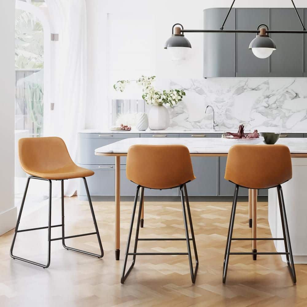 24 in.H Whiskey Brown Faux Leather Upholstered Barstools Metal Hambrook Curved Back Counter Height Bar Stools (Set of 3)