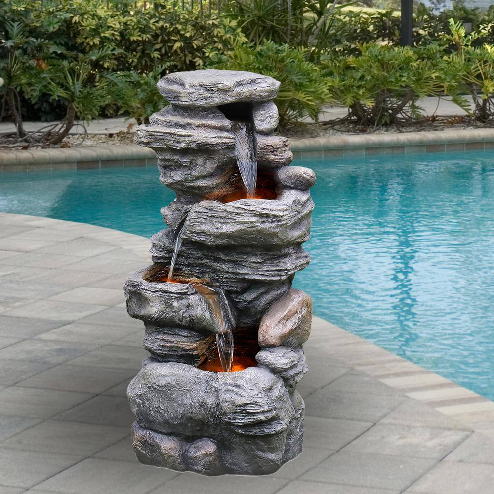 Teamson Home Gray 4-Tier Faux Stone Water Fountain with LED Lights