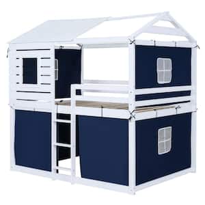 Blue and White Full Size Wood House Bunk Bed with Tent