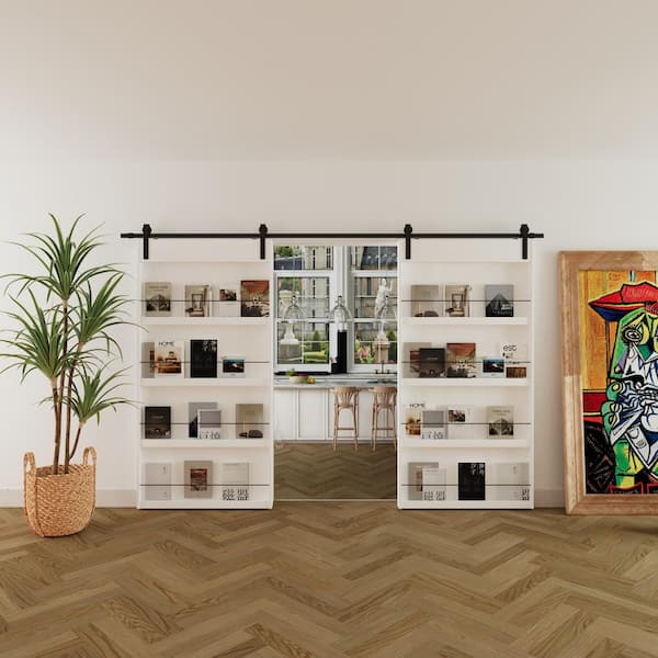 84 in. x 84 in. 4-Levels Shelves Style, Primed MDF White Finished, Sliding Barn Door with Hardware Kit