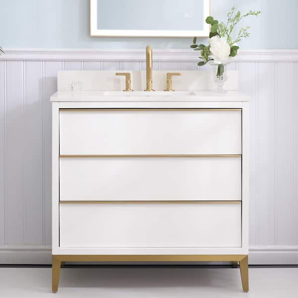 36 in. Solid Wood Single Sink White Bath Vanity with Carrara White Quartz Top, Soft Close Drawers, Assembled