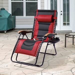Patio Folding Metal Frame Zero Gravity Outdoor Lounge Chair with Red Padded Cushion And Side Tray