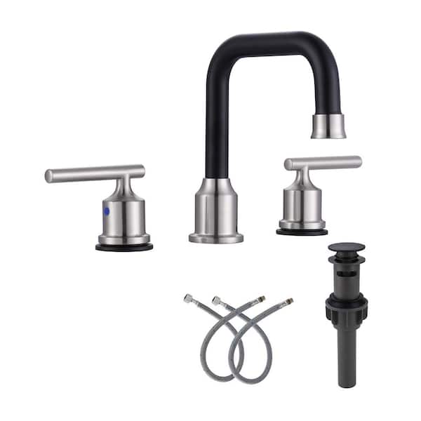 IVIGA 8 in. Widespread Double Handle High Arc Bathroom Faucet with Pop-up Drain and Supply Lines in Black and Nickel (1-Pack)
