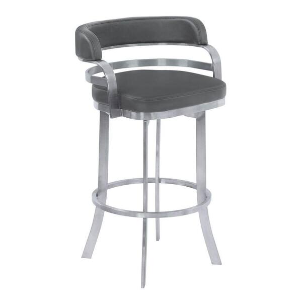 Benjara 30 in. Gray and Silver Low Back Metal Frame Barstool with Faux Leather Seat