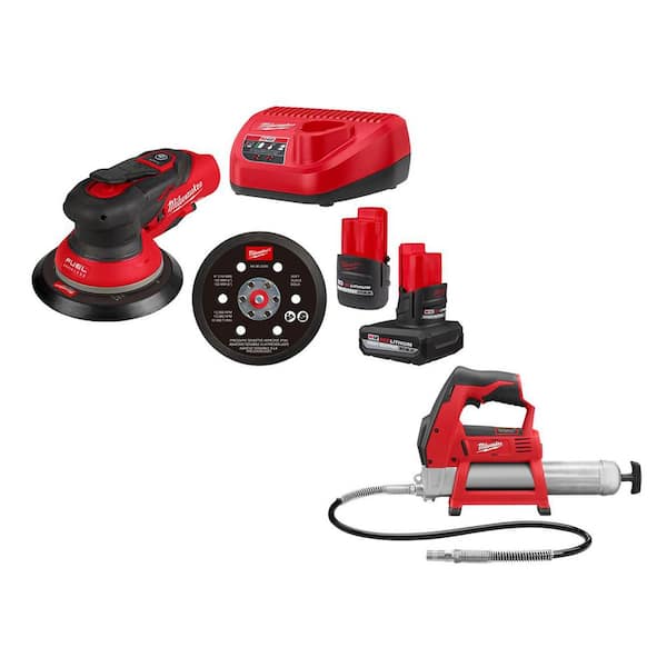 M12 FUEL 12-Volt Li-Ion Brushless Cordless 6 in. Random Orbital Sander Kit (3/16 in) w M12 Batteries & M12 Grease Gun