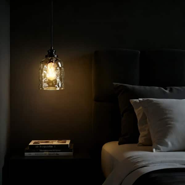 1-Light Black Mini Island Pendant Light with Textured Glass Shade