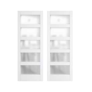 60 in. x 84 in. (Double 30 in. Doors) White, Finished, MDF, Frosted Glass, 5-Glass Panel Barn Door Slab without Hardware