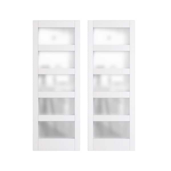 TENONER 60 in. x 84 in. (Double 30 in. Doors) White, Finished, MDF, Frosted Glass, 5-Glass Panel Barn Door Slab without Hardware