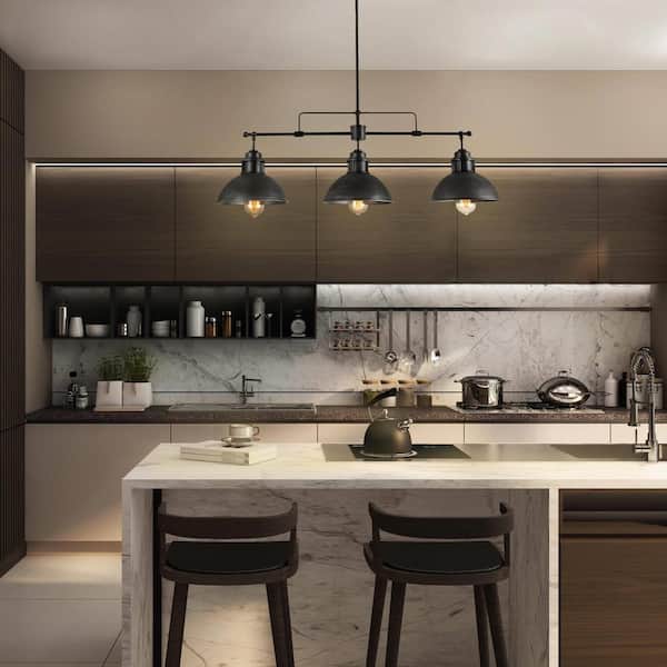 Industrial Black Island Chandelier Farmhouse Barn Pendant Light 3-Light Linear Pendant Light with Brushed Silver Shades