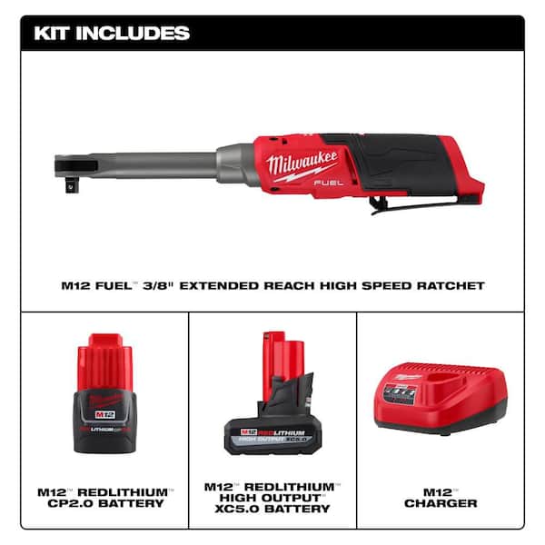M12 FUEL 12V Li-Ion Brushless 3/8 in. Extended Reach High Speed Cordless Ratchet Kit with Charger with 5.0 Ah Battery