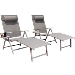 Grey Metal Outdoor Single Folding Lounge Chair with Grey Cushion (2-Pack)