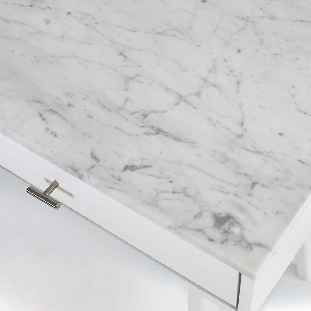 Bianco Flair 49" White Carrara Marble Writing Desk with Sleek Storage Drawers