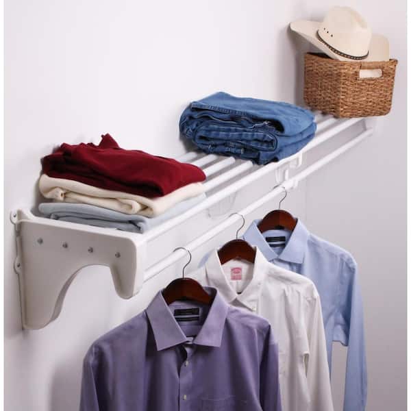 EZ Shelf Expandable DIY Closet Shelf & Rod 30 in - 50 in W, White, Mounts to Back Wall with 2 End Brackets, Wire, Closet System
