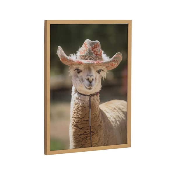 Kate and Laurel Gallery Boho Llama Alpaca Wearing A Western Cowgirl Hat by Gold Framed Art Print 12 in. x 16 in.