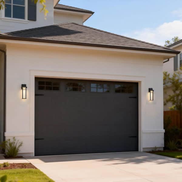 15 in. Sand Black Hardwired Integrated LED Outdoor Wall Light Lantern Sconce Light Fixture with Water Wave Glass 1-Pack