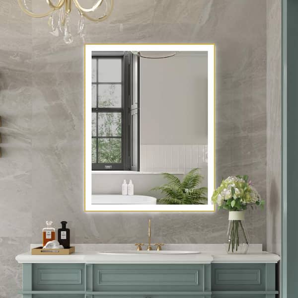 WELLFOR RECA 28 in. W x 36 in. H Rectangular Single Aluminum Framed Anti-Fog LED Light Wall Bathroom Vanity Mirror in Gold