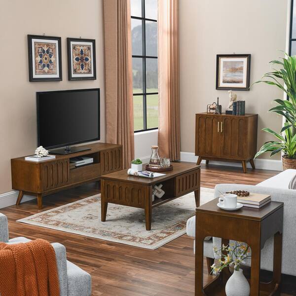 Mid Century 39.38 in. Walnut Rectangle MDF Fluted Coffee