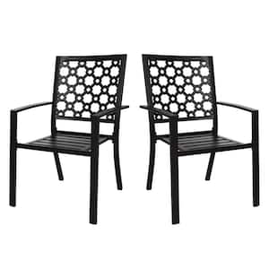 2-Piece Black Iron Metal Patio Outdoor Dining Chairs Stackable Arm Chairs Backyard Garden Chair