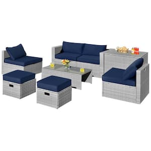 8-Piece Wicker Patio Conversation Set Furniture Set with Navy Cushions and Space-Saving Design