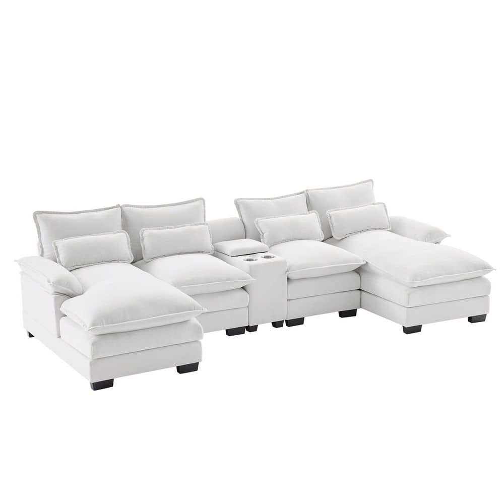 123 in. Chenille U-Shaped Sectional Sofa in White with Comfy Cloud Couch wi