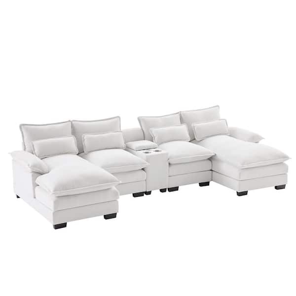 aisword 123 in. Chenille U-Shaped Sectional Sofa in White with Comfy Cloud Couch with Chaise, Cup Holders and USB Charger
