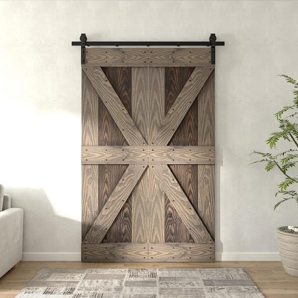 COAST SEQUOIA INC Coast Sequoia 48 in. x 80 in. Kona Coffee/Smoky Gray Solid Pine Wood Bi-Fold Barn Door with Sliding Hardware Kit