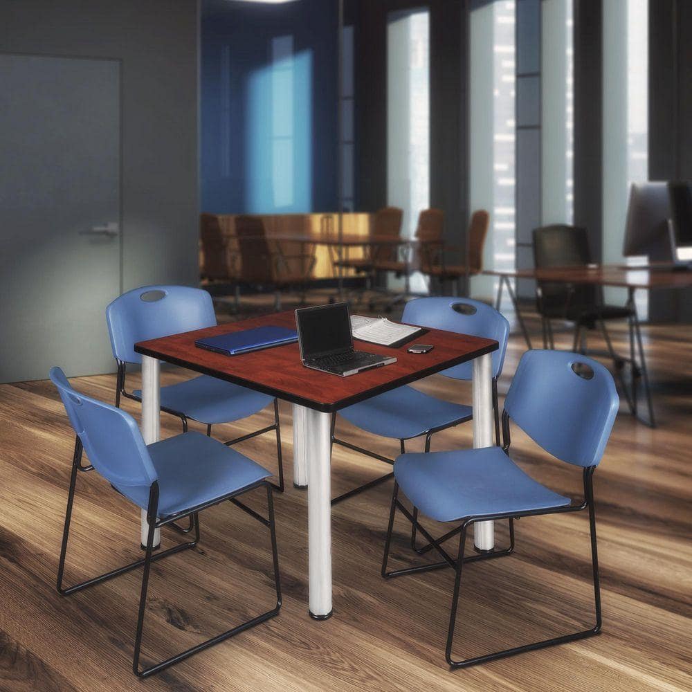 Kee 42 in. Cherry Top Square Breakroom Table Desk, Chrome Legs, 4 Zeng Stack Chairs-Blue