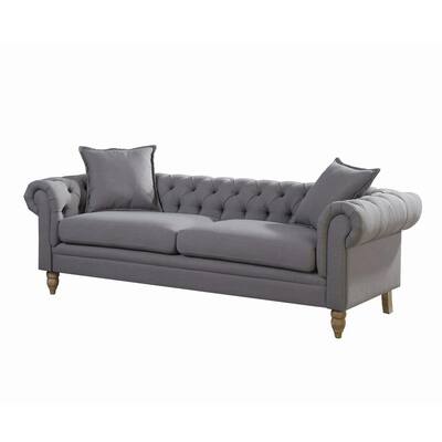 Juliet 85 in. Grey Linen 3-Seater Chesterfield Sofa with Round Arms