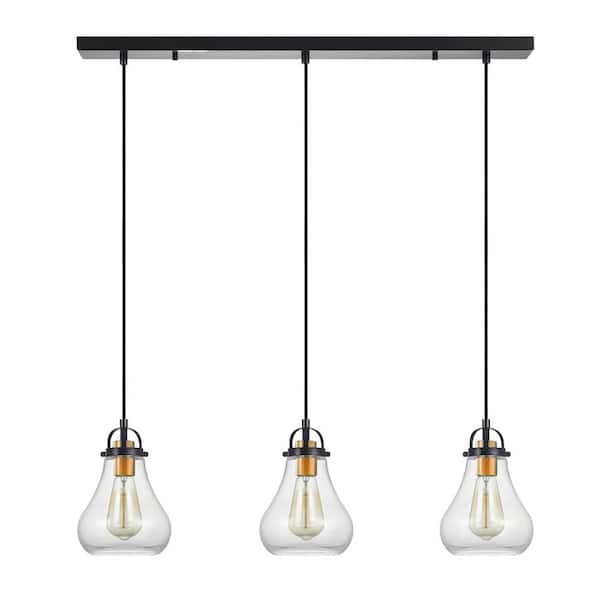KAWOTI Getir 32.25 in. 3-Light Bronze Kitchen Island Linear Pendant Light with Teardrop Glass Shade