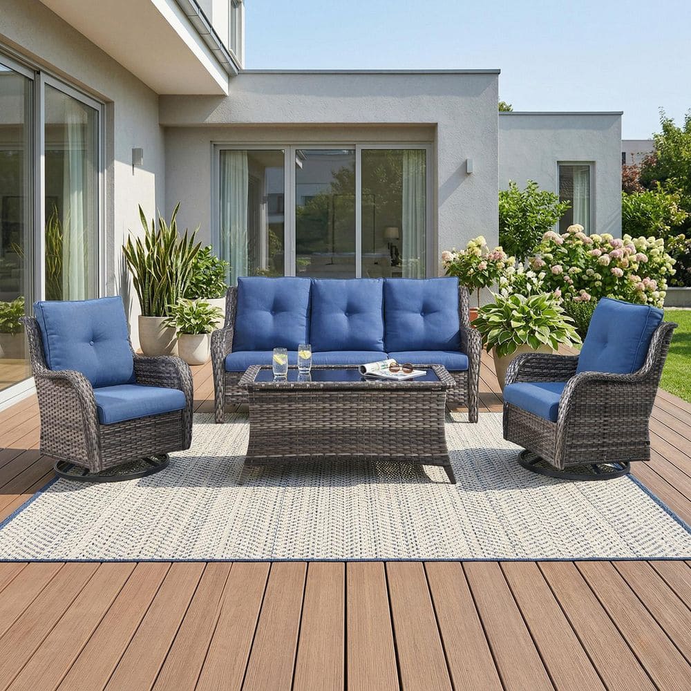 ArcLine 4-Piece Gray Wicker Patio Conversation Set with Olefin Blue Cushions and Swivel Glider Chairs/Sofa price history on PriceWatchPro