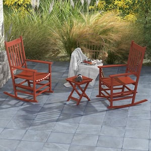 3 Piece Red Wood Patio Conversation Set of Rocking Chairs and Side Table with Smooth Armrests for Garden Balcony Porch