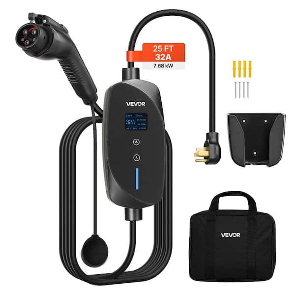 Level 2 EV Charger, 32 Amp Adjustable Current, 240-Volt Electric Vehicle Portable Charger with 25 ft. Charging Cable