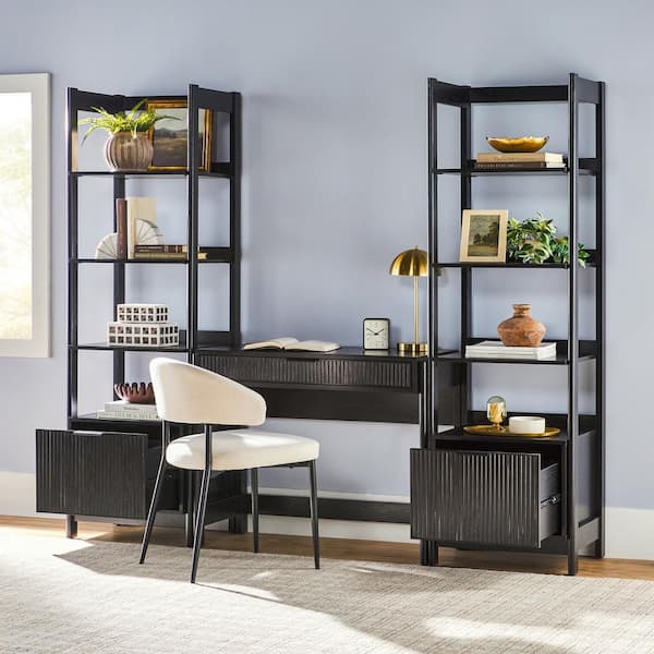 Transitional Black Reeded 38 in. Writing Desk with 2 Narrow Modern Bookcases (3-Piece)