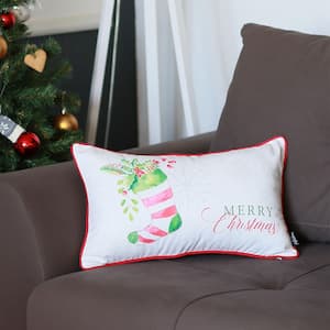 Christmas Stocking Decorative Single Throw Pillow 12 in. x 20 in. White and Red Lumbar for Couch, Bedding