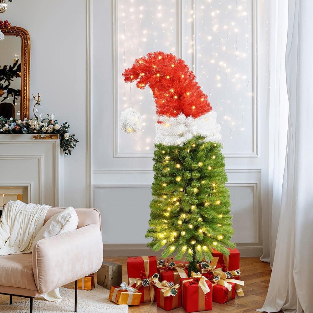 5-Foot Red, White, and Green Santa Hat Christmas Tree with LED Lights