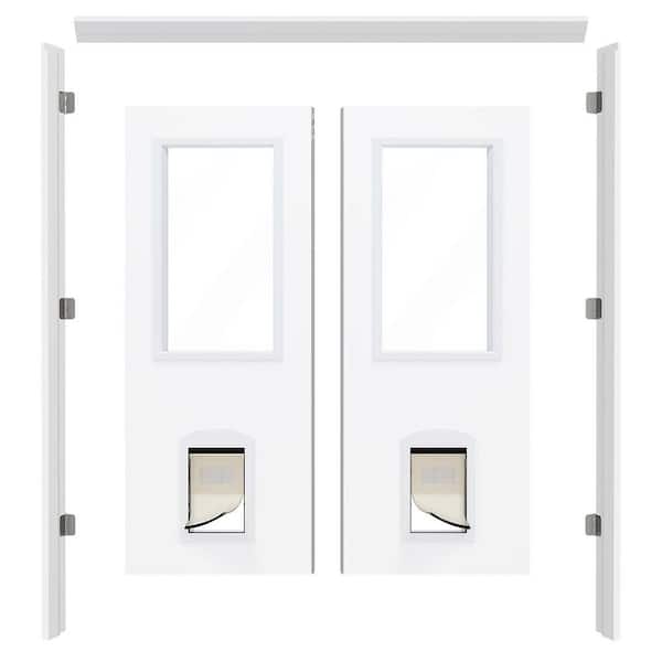 72 in. x 80 in. 1-Lite Clear Glass Wood White Prehung Double Front Door w/ Pet Door, Quick Assemble Jamb and Flush bolts