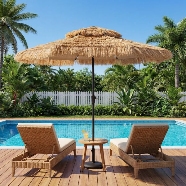 buy thatch patio umbrella Clihome 10 ft. Double-Top Thatch Hawaiian Style Patio Umbrella in Brown  with 32-LED Lights for Garden Pool Beach CL-DC10LBR