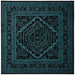 Adirondack Black/Teal 6 ft. x 6 ft. Square Medallion Border Area Rug