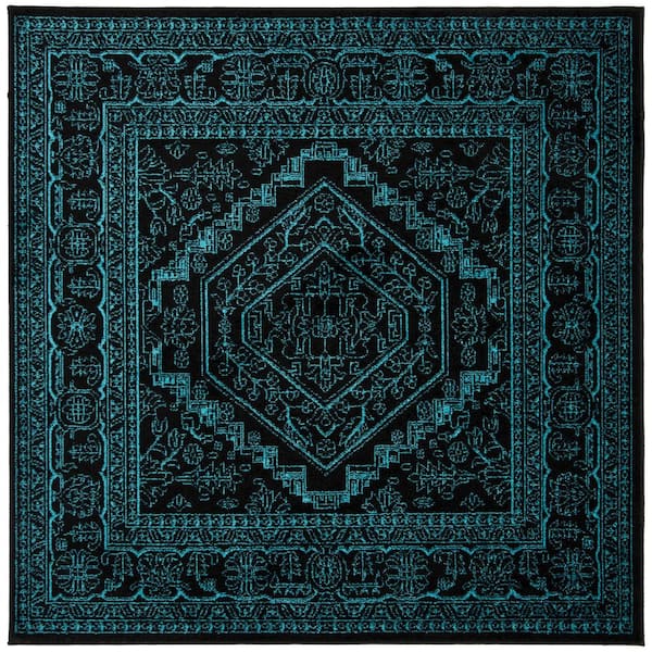 Adirondack Black/Teal 8 ft. x 8 ft. Border Medallion Square Area Rug