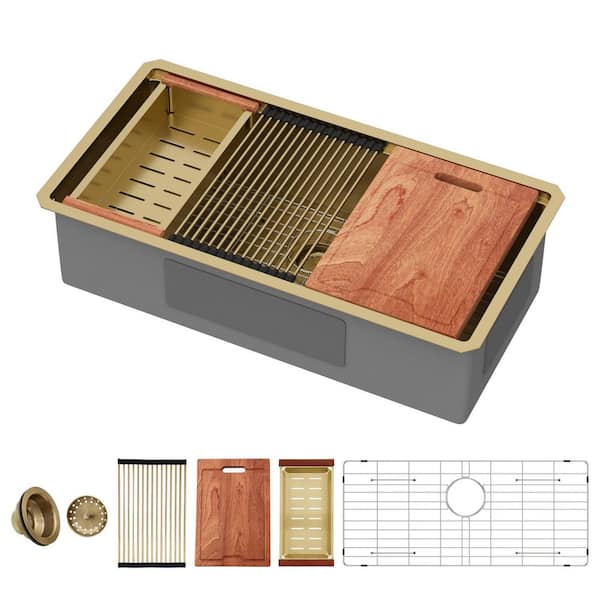 36 in. x 19 in. Gold Single Bowl 16-Gauge Stainless Steel Workstation Undermount Kitchen Sink with Gold Drain