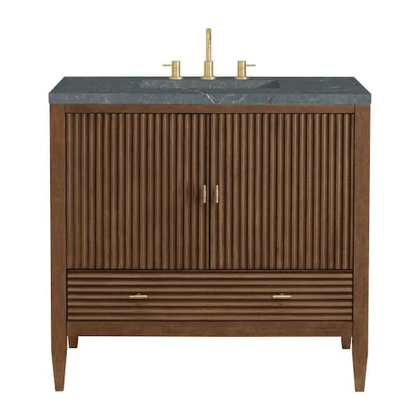 James Martin Vanities Myrrin 36.0 in. W x 23.5 in. D x 34.06 in. H Single Bathroom Vanity Mid-Century Walnut and Parisien Bleu Quartz Top