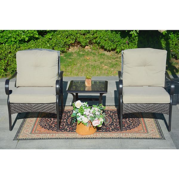 moda furnishings Leticia 3-Piece Steel Wicker Patio Conversation Seating Set with Beige Cushions