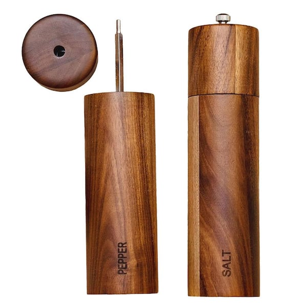 8 Inches Acacia Wood Salt and Pepper Grinder Set w/ Adjustable Coarseness, Ceramic Core, Refillable, for Kitchen