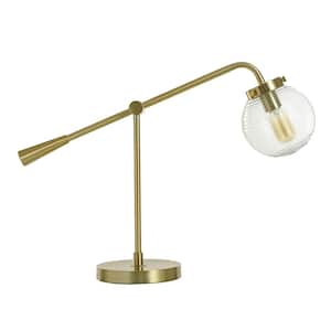 Reagan 24.25 in. Antique Brass, Clear Ribbed Globe Task And Reading Table Lamp for Living Room Clear Glass Shade
