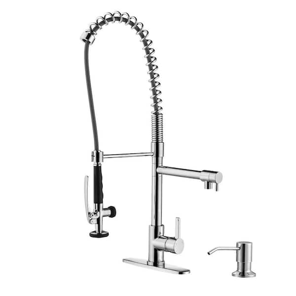 IVIGA Commercial Deck Mount Double Handle Pull Down Sprayer Kitchen Faucet with Pre-Rinse, Soap Dispenser in Polished Chrome